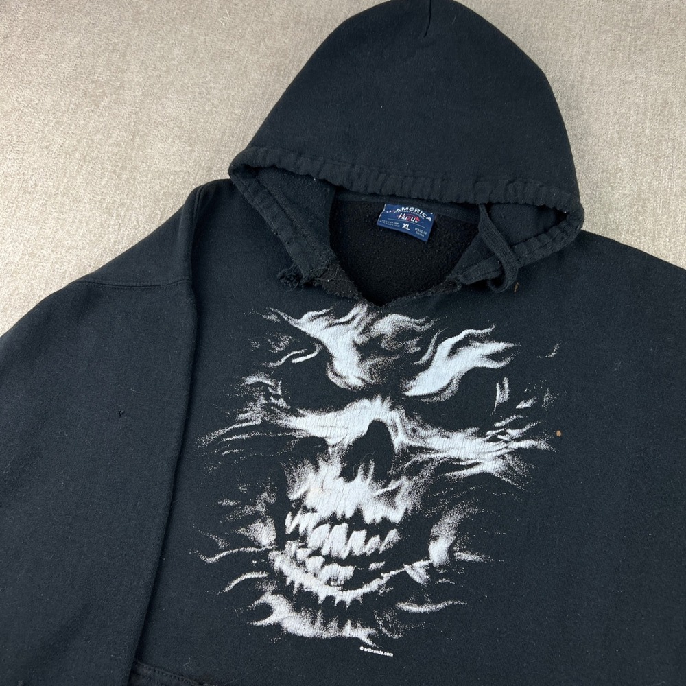Y2K J. America Hoodie Mens XL Black Skull Grunge Built-in Koozie Streetwear Punk - Picture 1 of 7